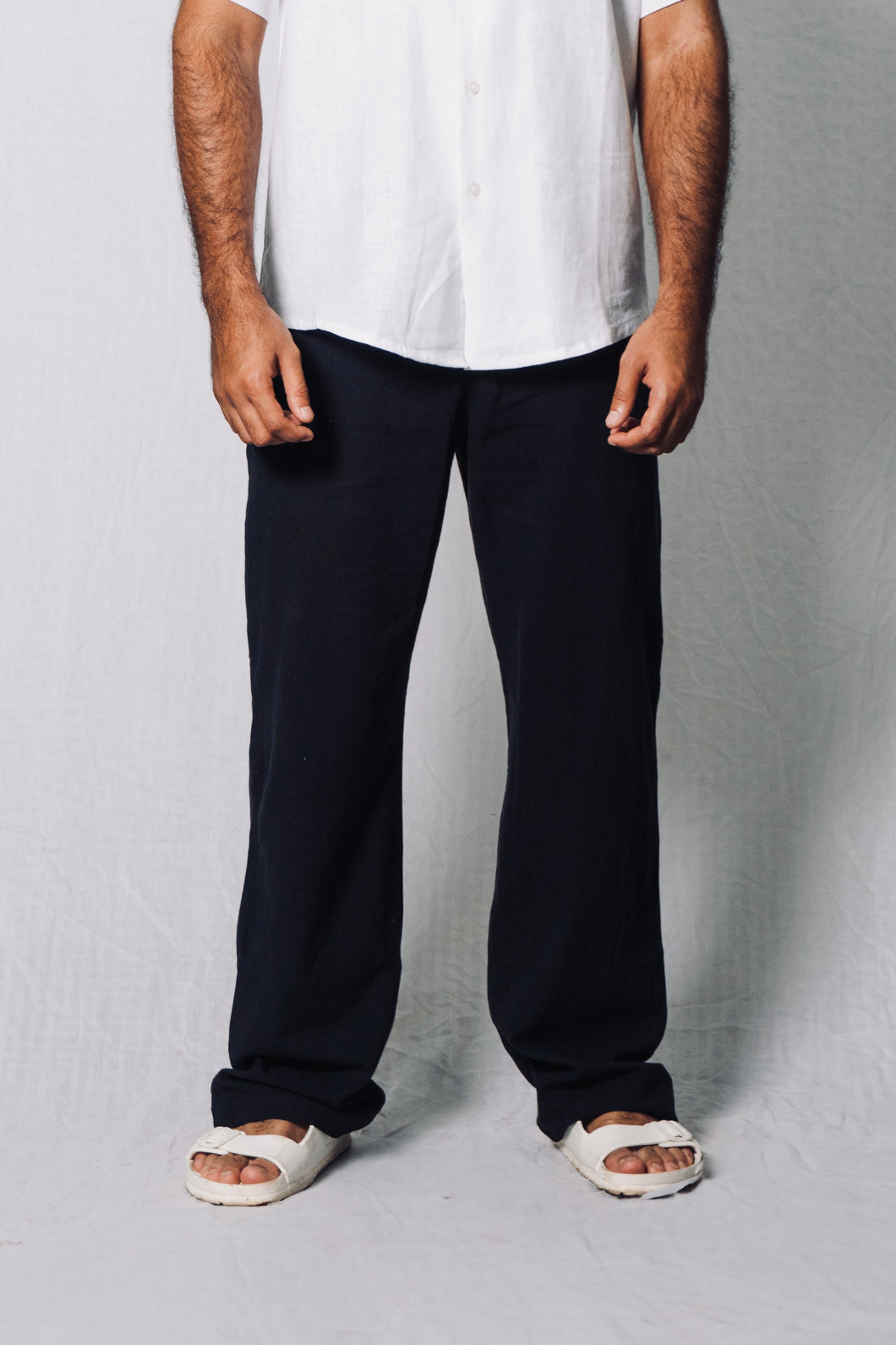 MYKONOS BLACK LINEN COTTON TROUSERS.